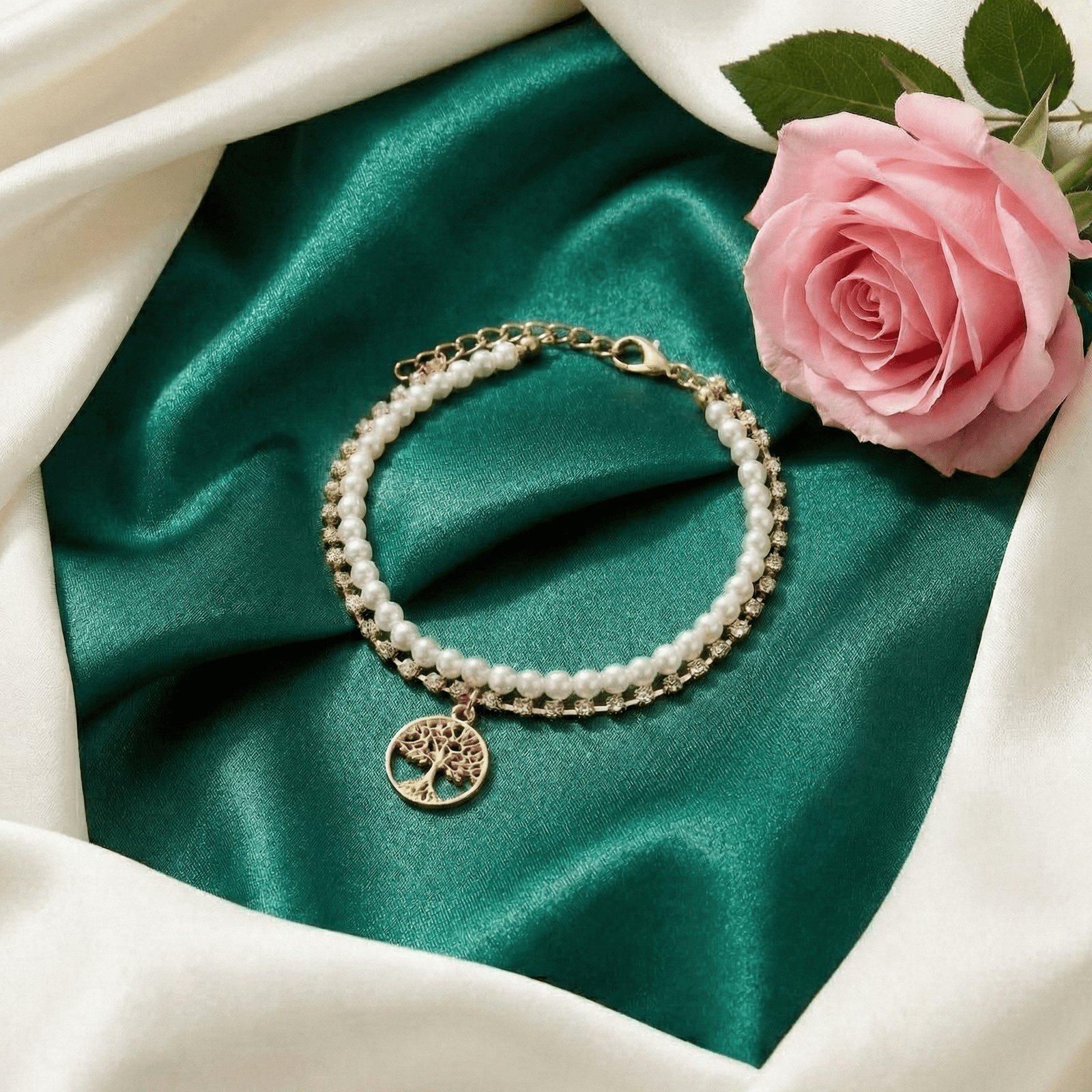 Eshanarya Pearl Tree  Charm CZ Bracelet