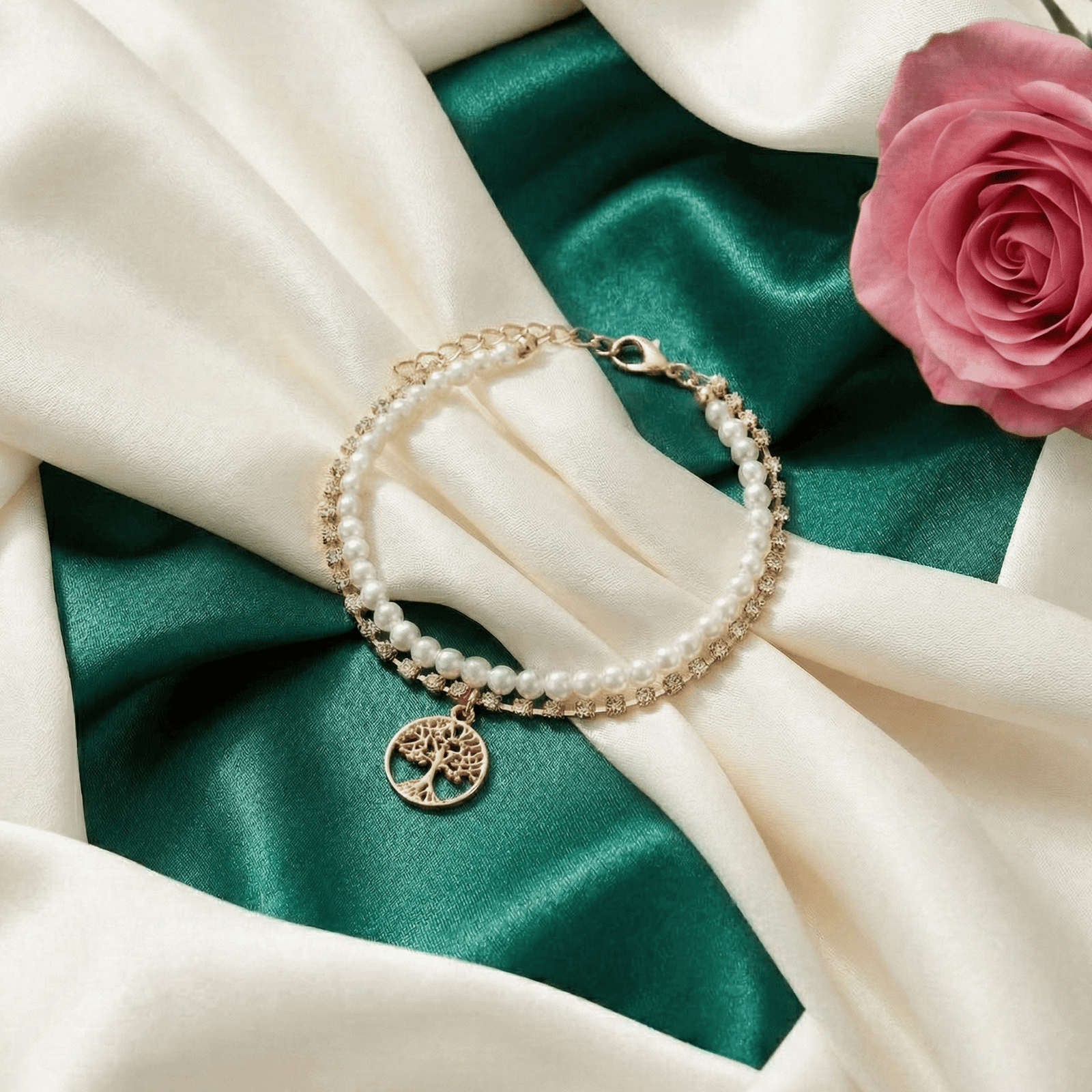 Eshanarya Pearl Tree  Charm CZ Bracelet