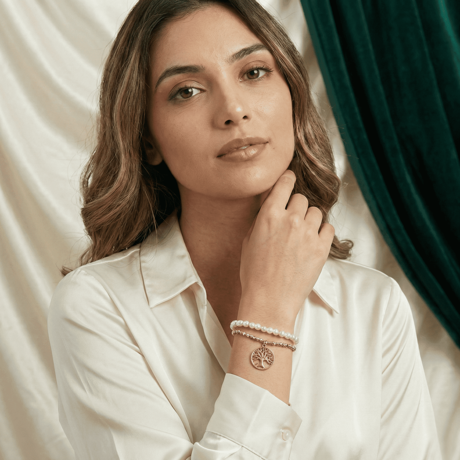 Eshanarya Pearl Tree  Charm CZ Bracelet