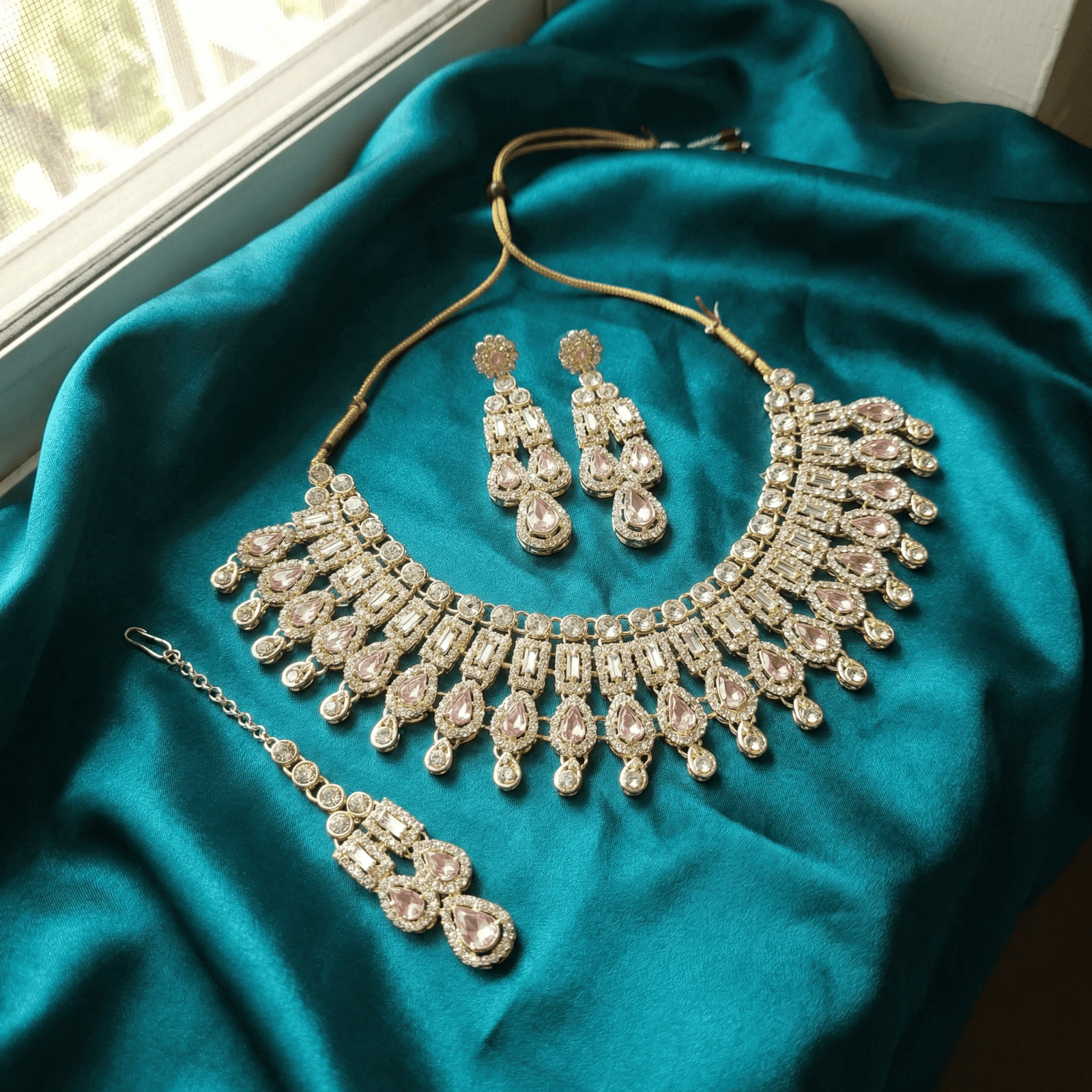 Eshanarya Pink Crystal Drop Necklace Set