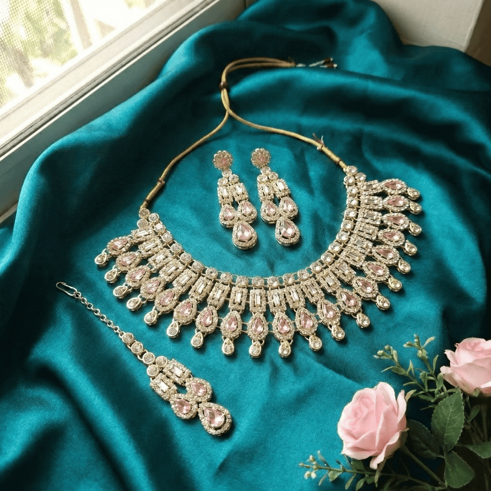 Eshanarya Pink Crystal Drop Necklace Set