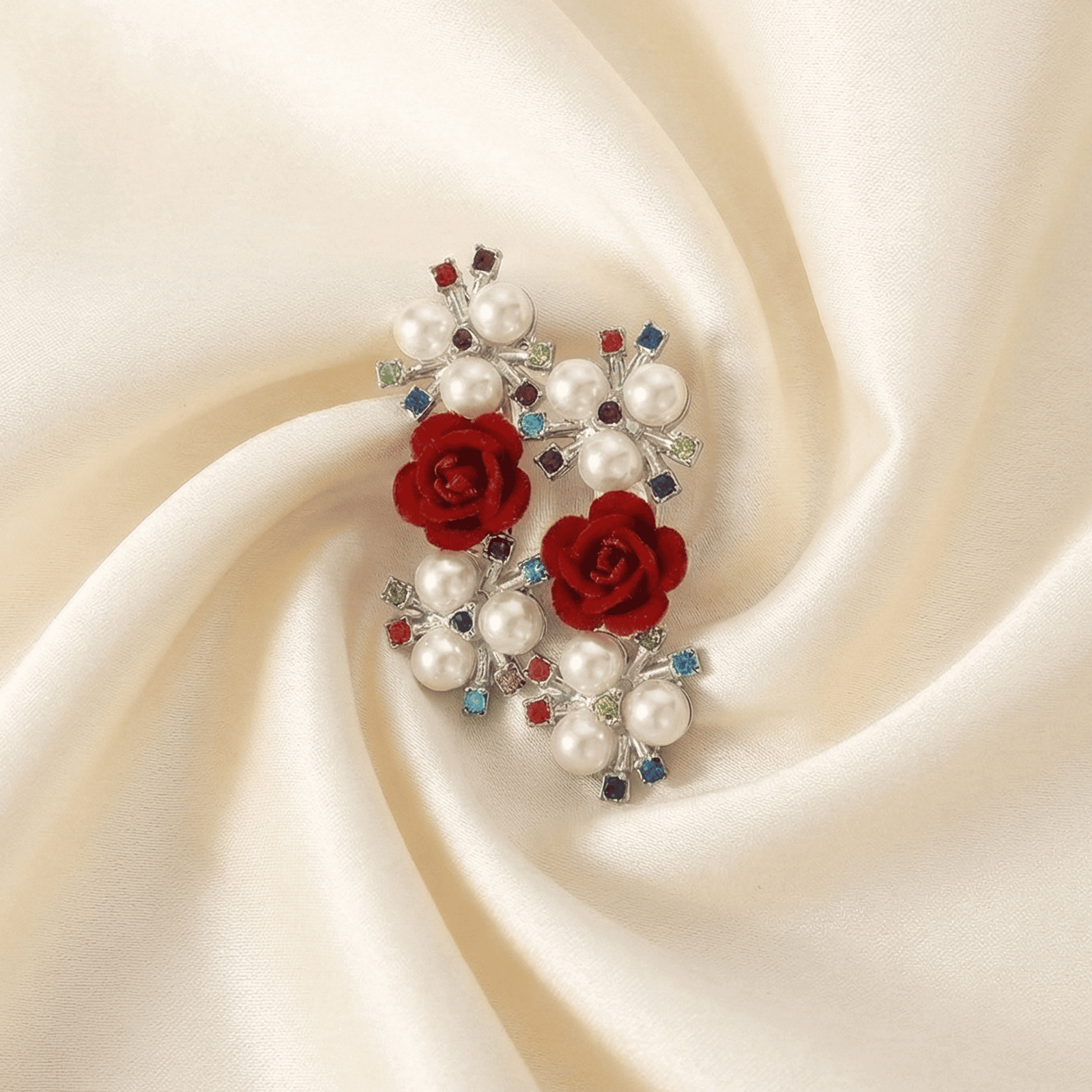 Eshanarya Red Rose Pearl Fashion Hair Clip for Women