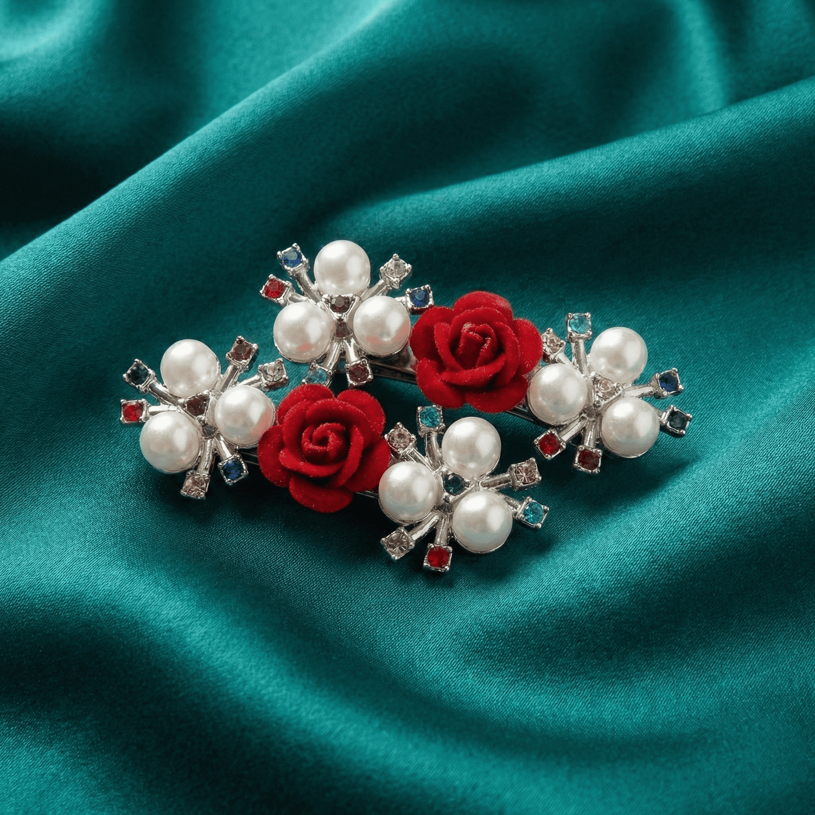 Eshanarya Red Rose Pearl Fashion Hair Clip for Women