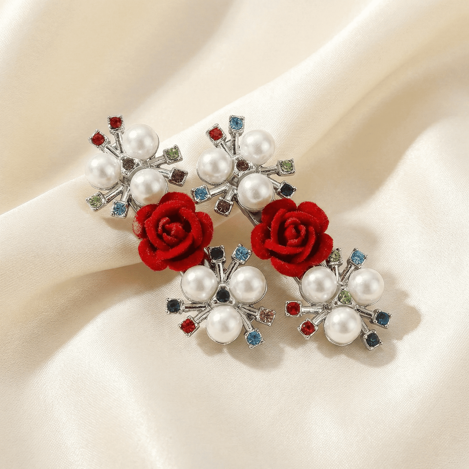 Eshanarya Red Rose Pearl Fashion Hair Clip for Women