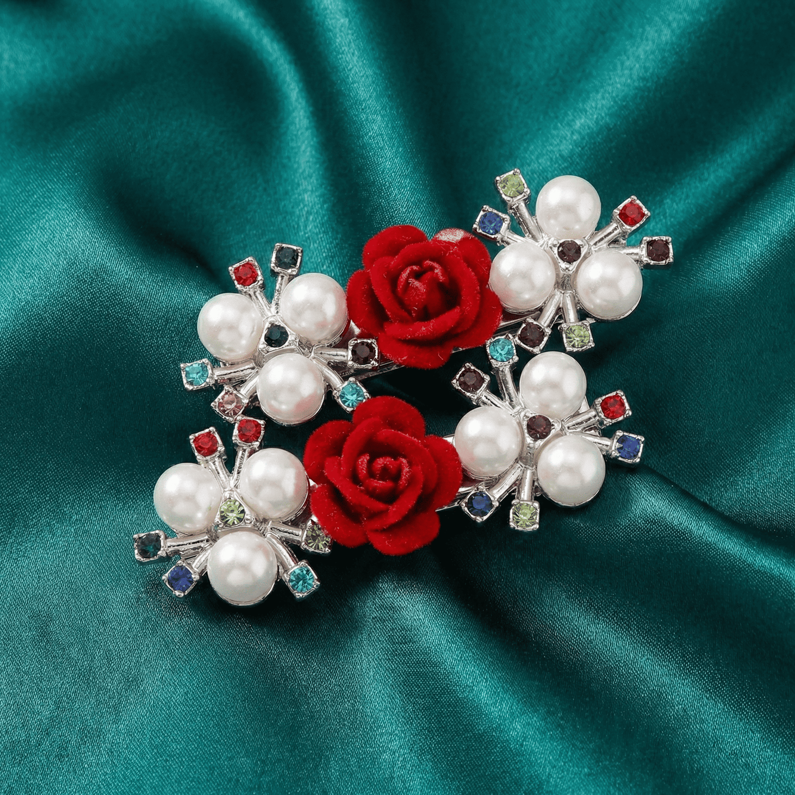 Eshanarya Red Rose Pearl Fashion Hair Clip for Women