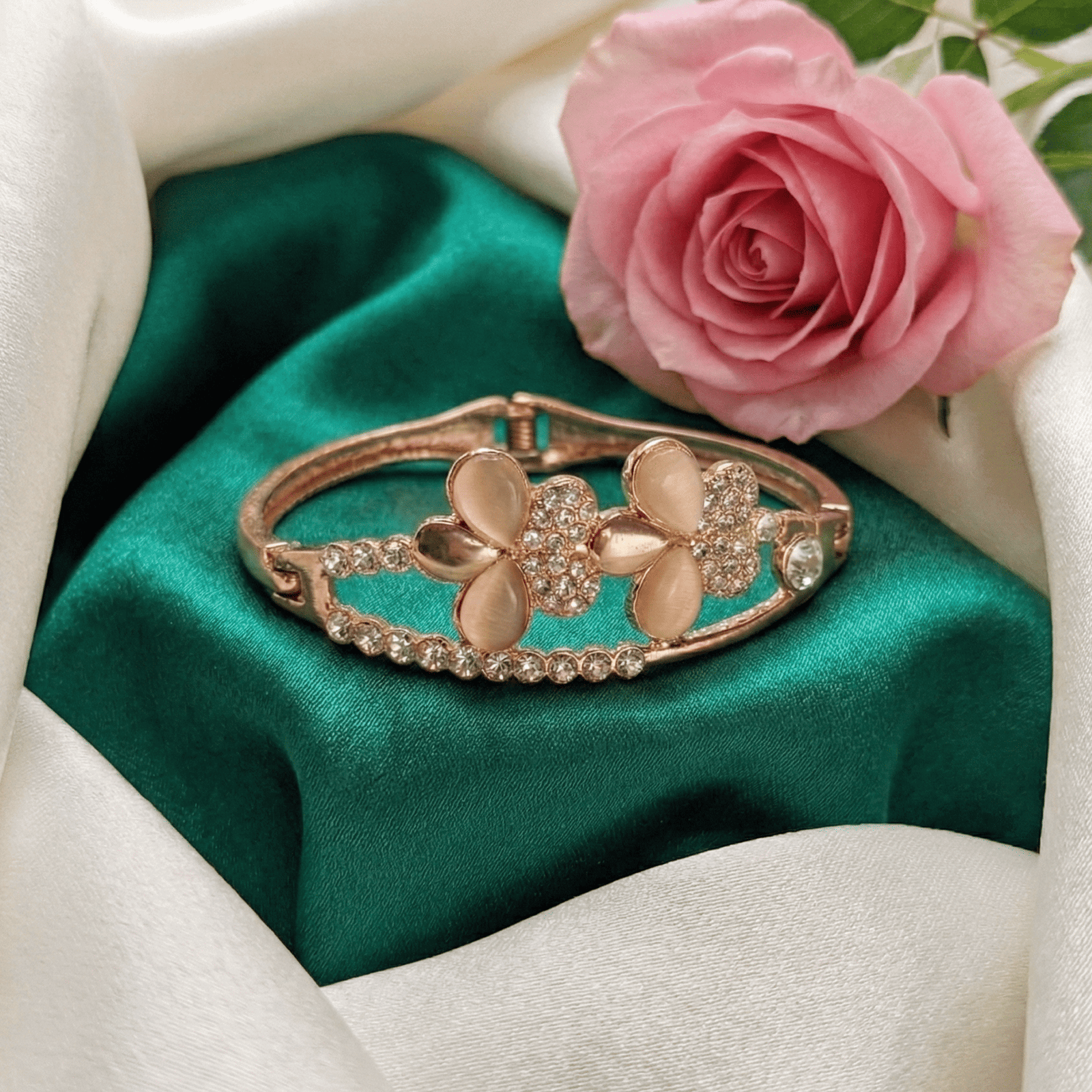 Eshanarya Gold Tone Floral Crystal Bracelet for Women