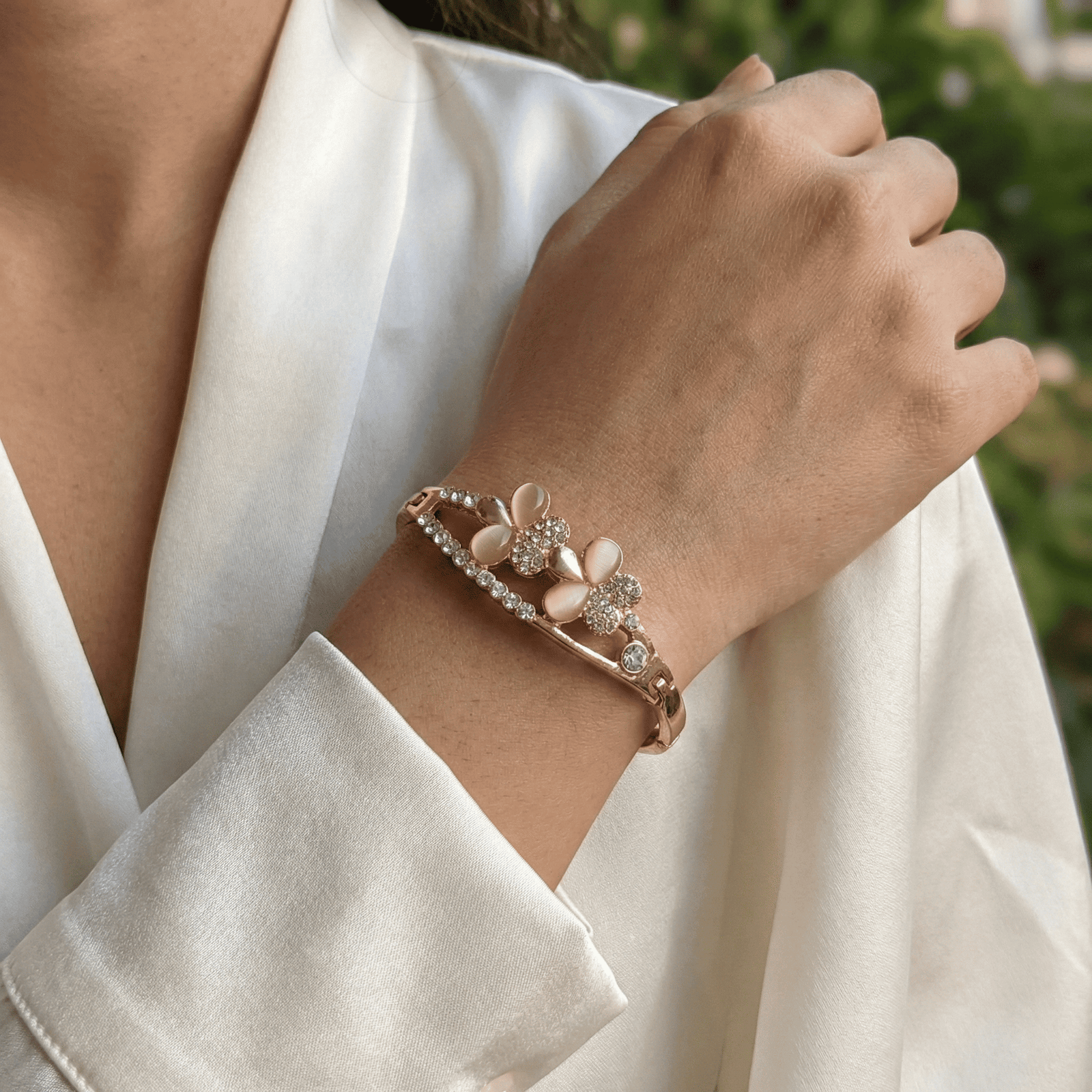 Eshanarya Gold Tone Floral Crystal Bracelet for Women