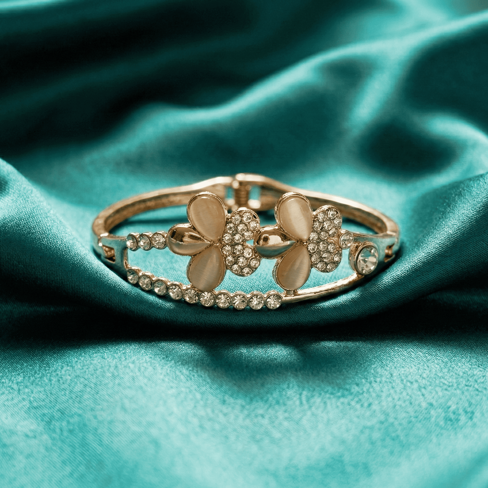 Eshanarya Gold Tone Floral Crystal Bracelet for Women