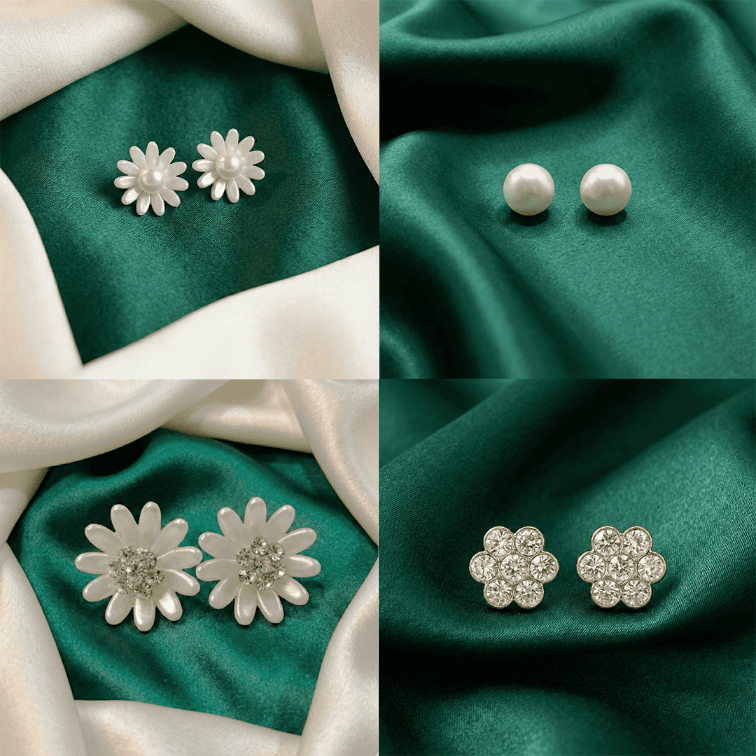 Floral Pearl Multi-Style Stud Earrings Combo for Women