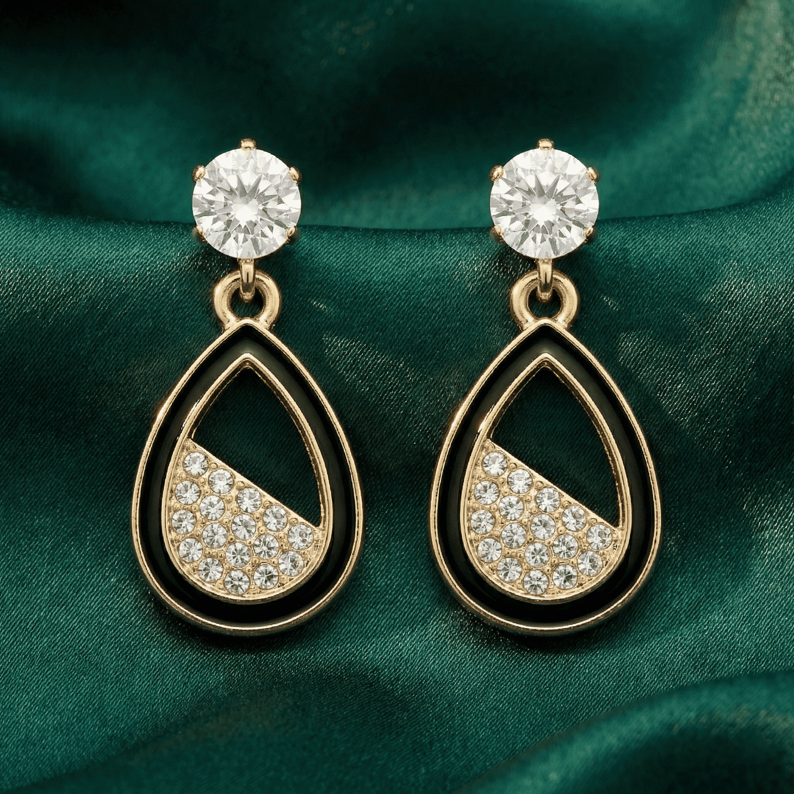 Gold-Tone Black Teardrop Crystal Drop Earrings
