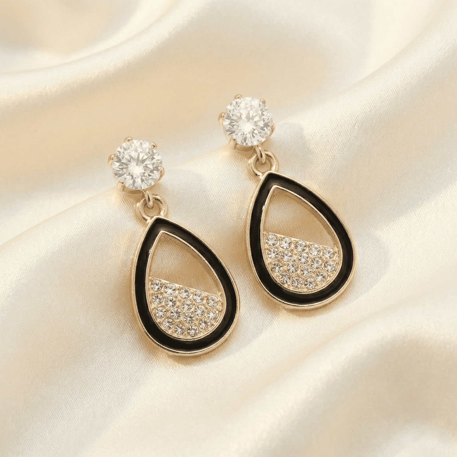 Gold-Tone Black Teardrop Crystal Drop Earrings