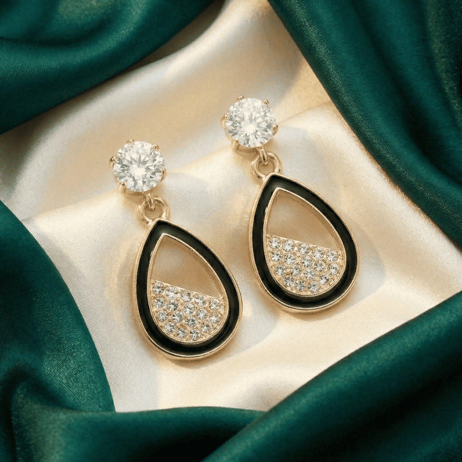 Gold-Tone Black Teardrop Crystal Drop Earrings