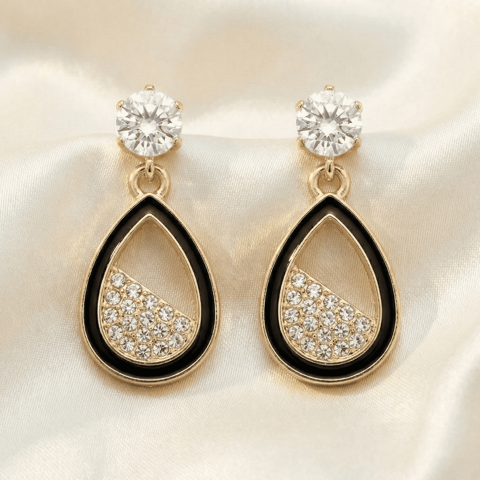 Gold-Tone Black Teardrop Crystal Drop Earrings
