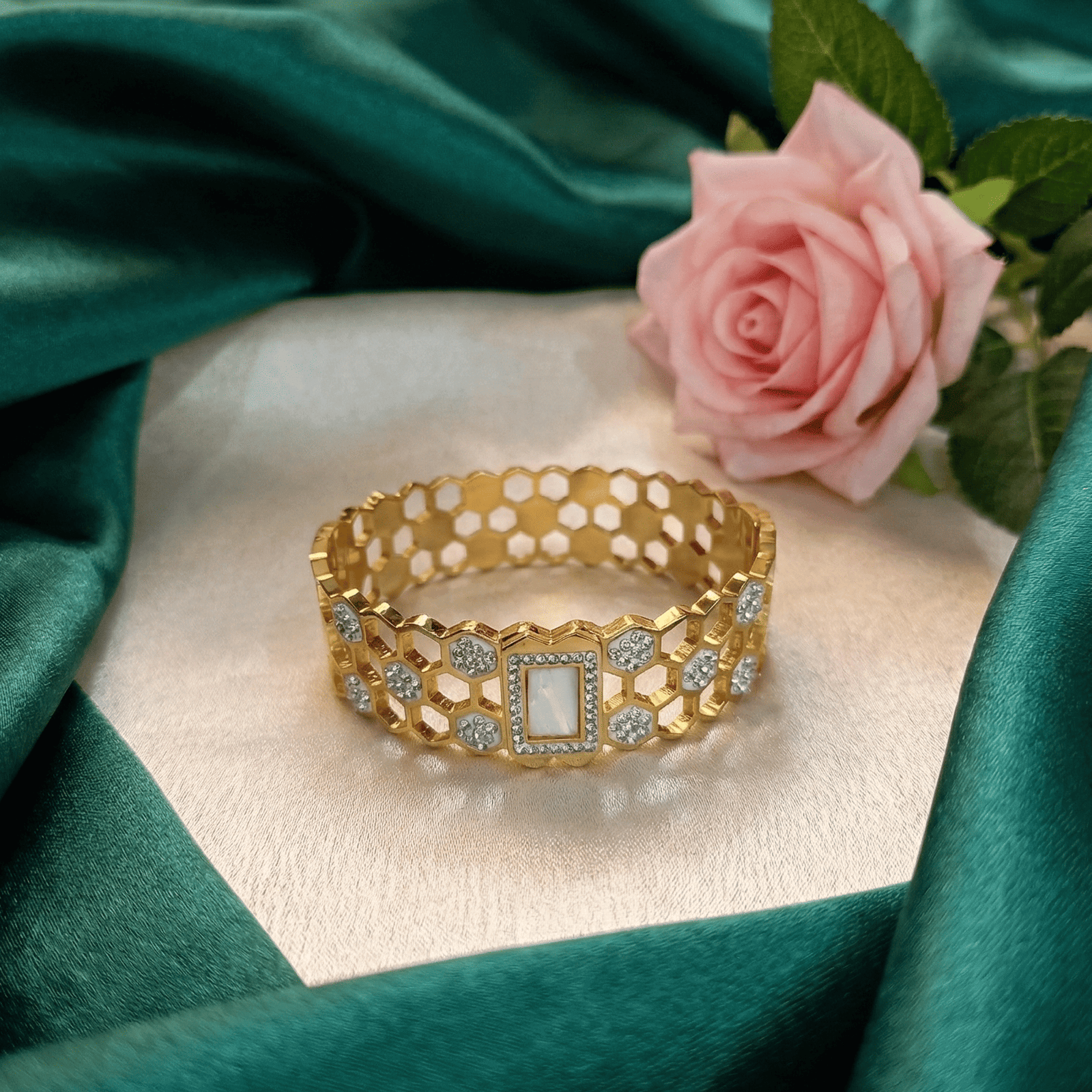 Eshanarya Gold-Tone Honeycomb Crystal Bracelet for Women