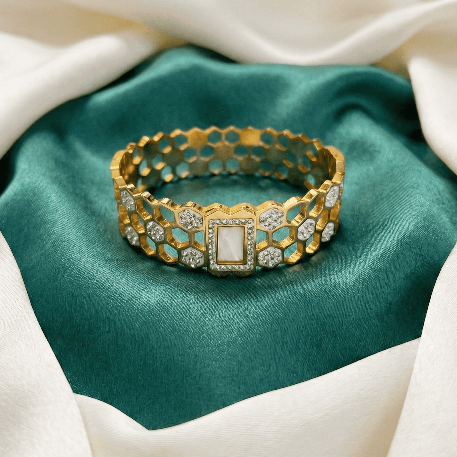 Eshanarya Gold-Tone Honeycomb Crystal Bracelet for Women