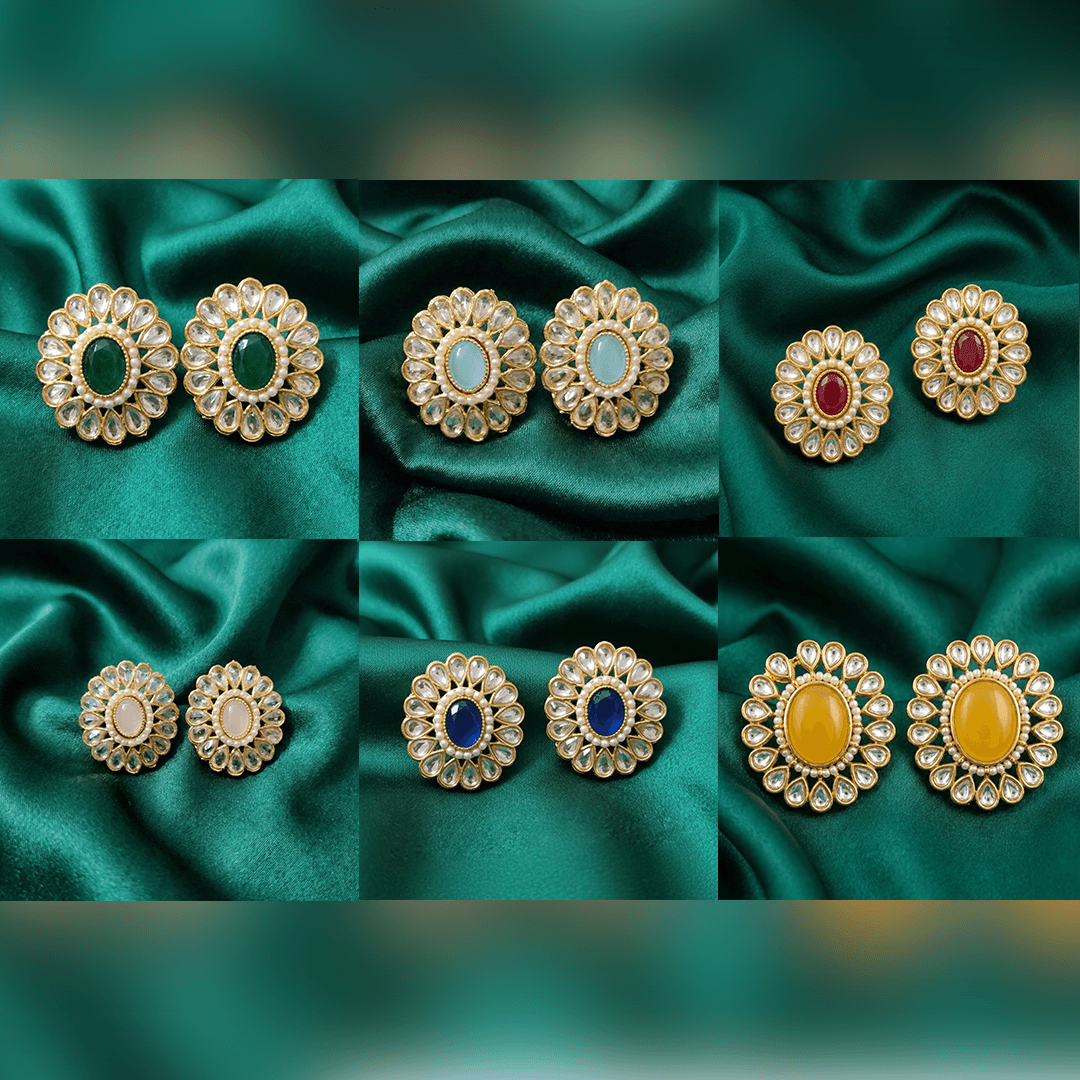 Kundan Look Convertible Stud Earrings with Interchangeable Stones– 6 Pair Set
