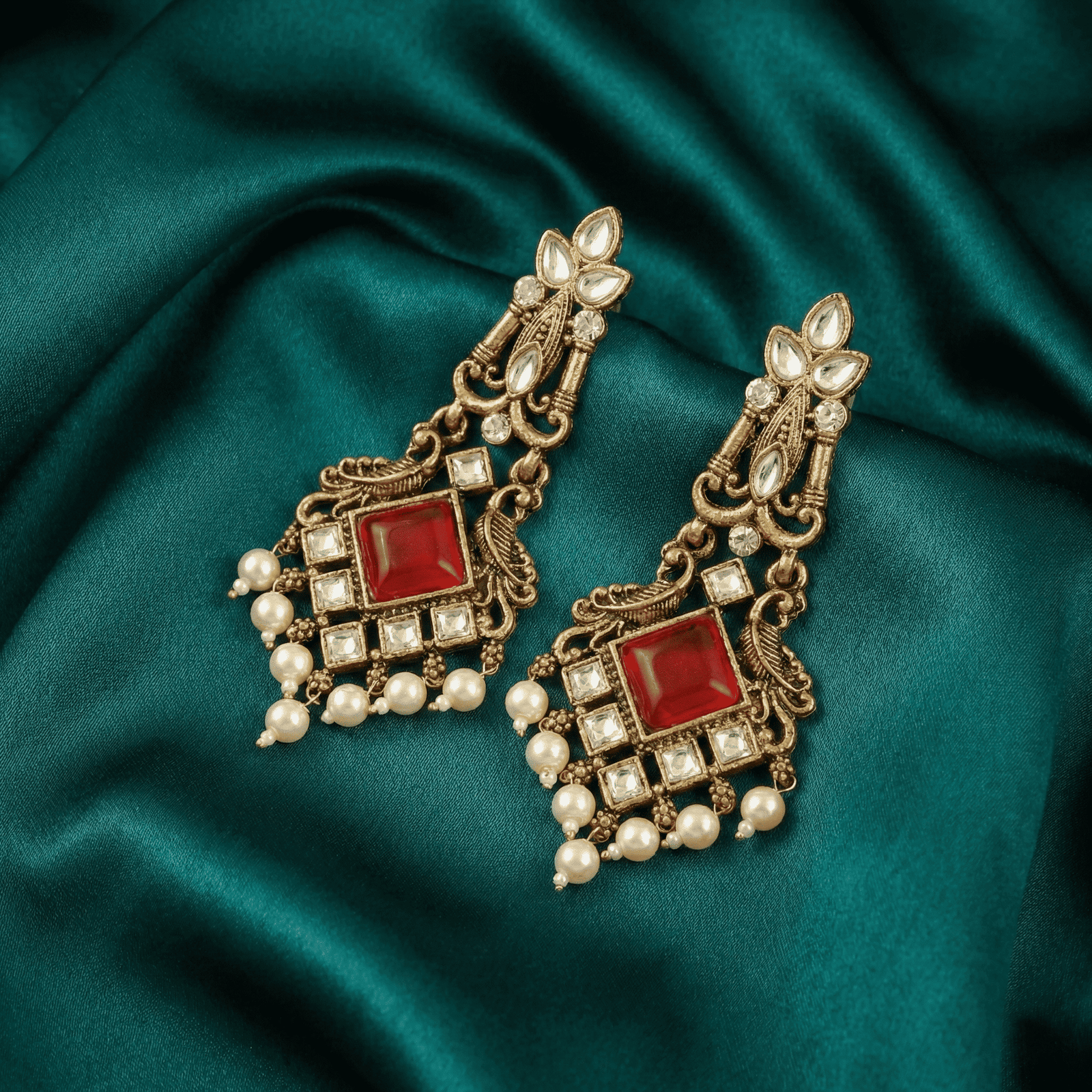 Eshanarya Kundan Red Stone Earrings with Pearl Hangings for Women