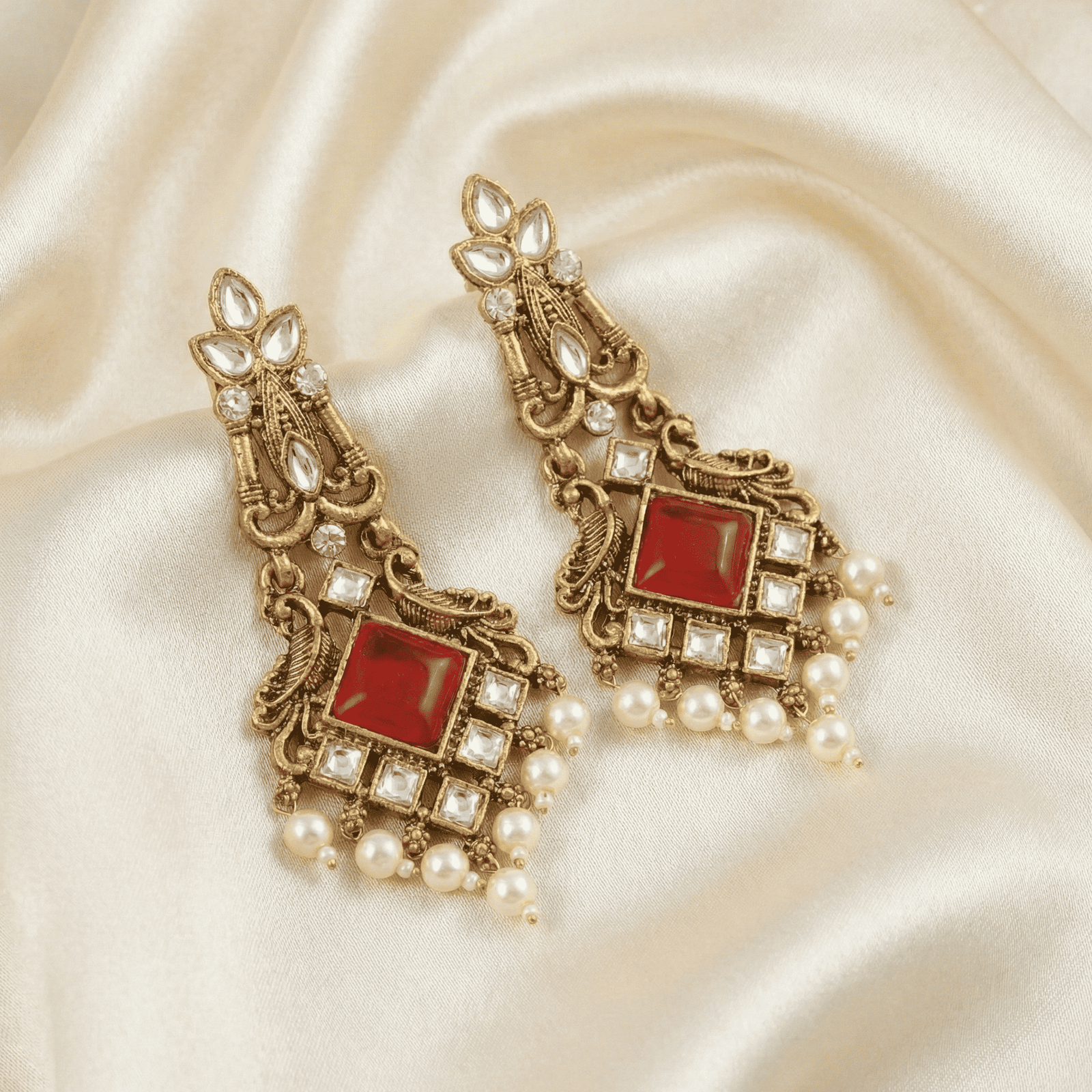 Eshanarya Kundan Red Stone Earrings with Pearl Hangings for Women