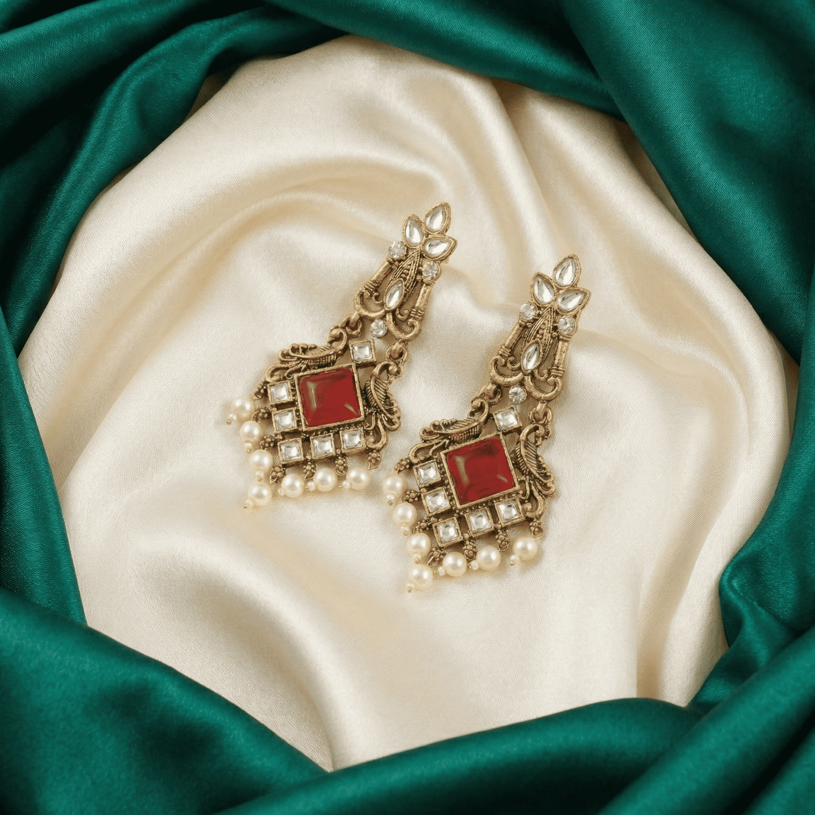 Eshanarya Kundan Red Stone Earrings with Pearl Hangings for Women