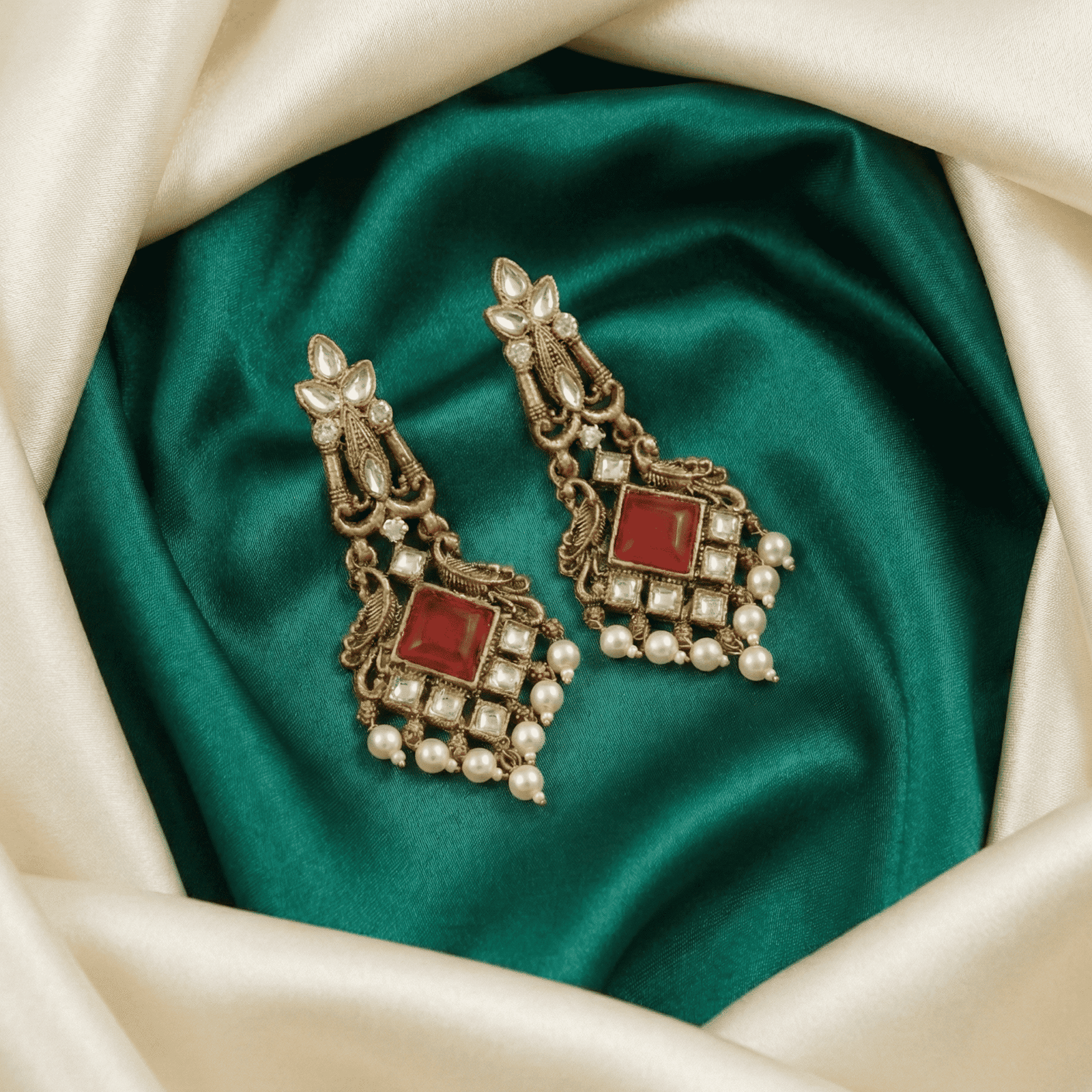 Eshanarya Kundan Red Stone Earrings with Pearl Hangings for Women