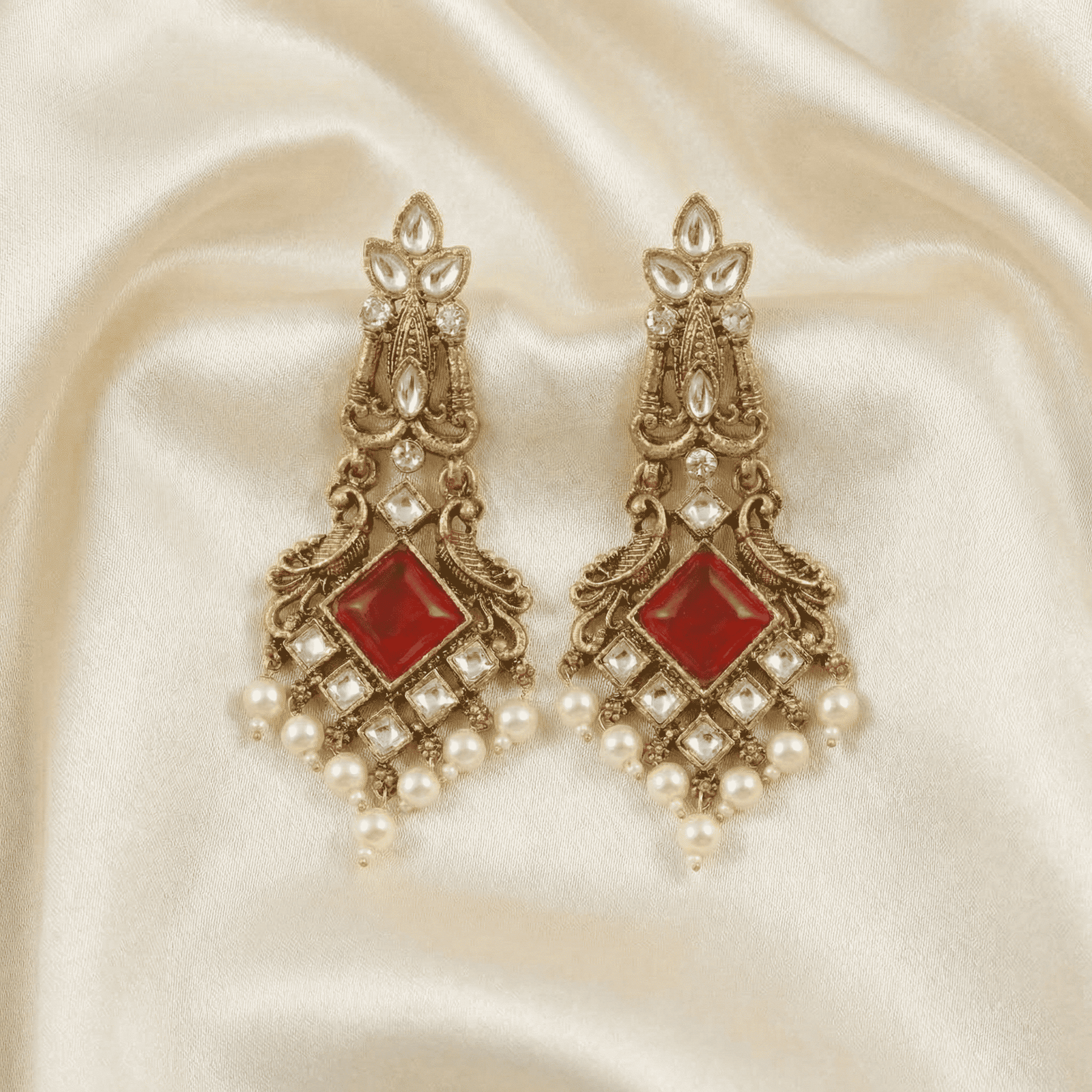 Eshanarya Kundan Red Stone Earrings with Pearl Hangings for Women