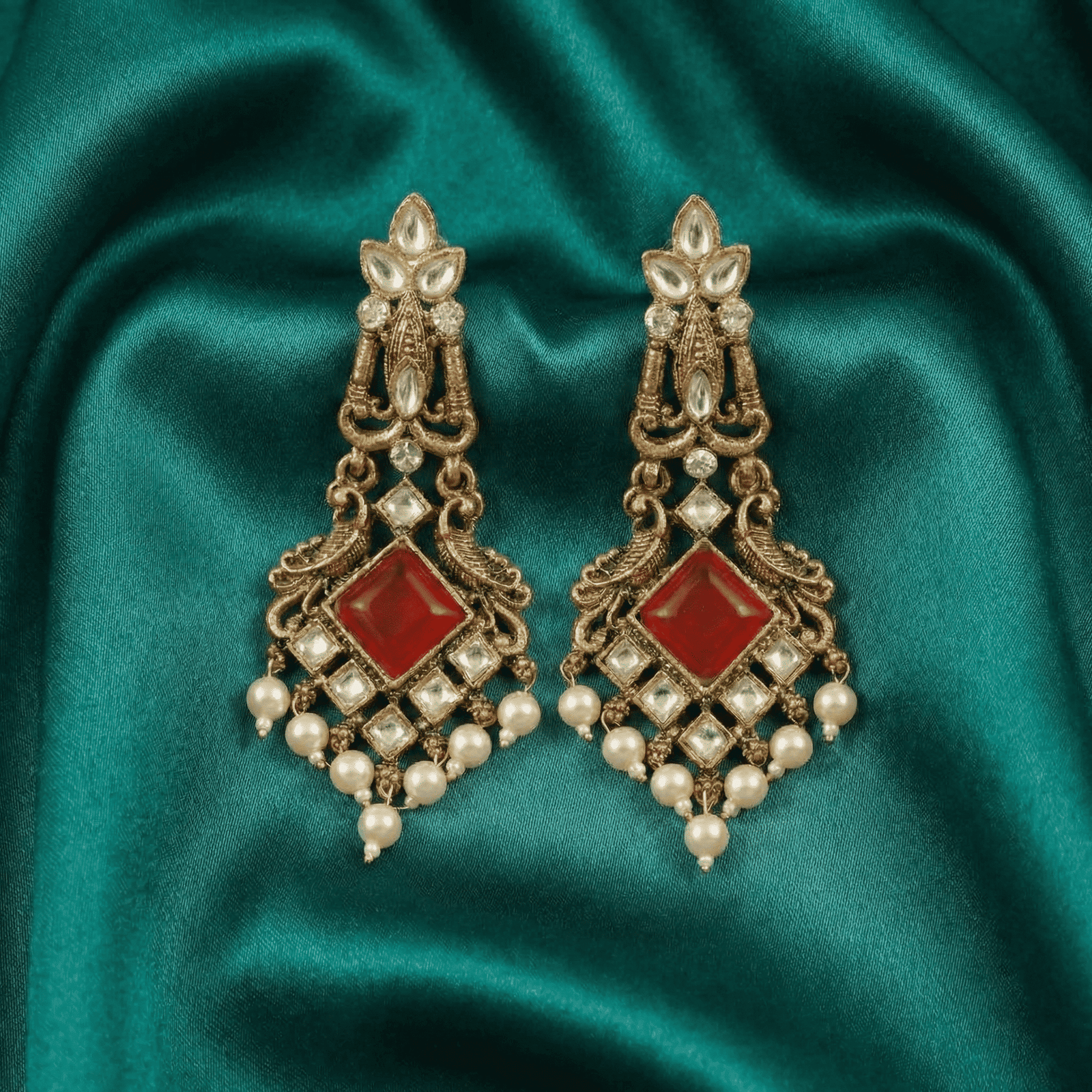 Eshanarya Kundan Red Stone Earrings with Pearl Hangings for Women
