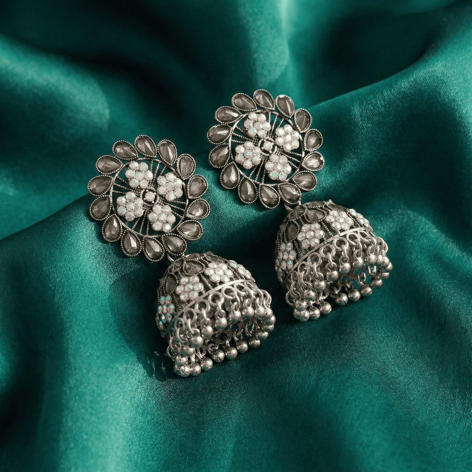 Oxidised Floral Jhumka Earrings with Clear Stones