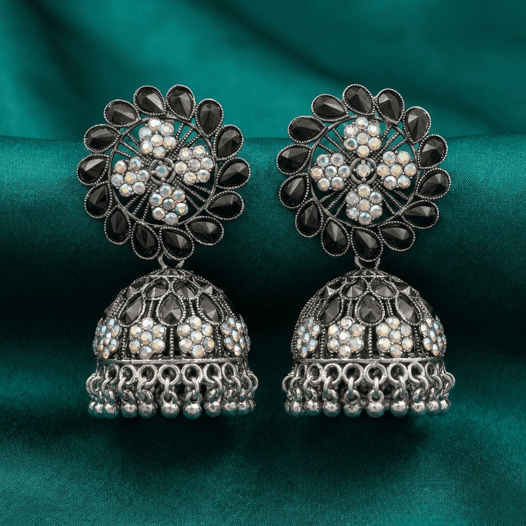Oxidised Floral Jhumka Earrings with Clear Stones