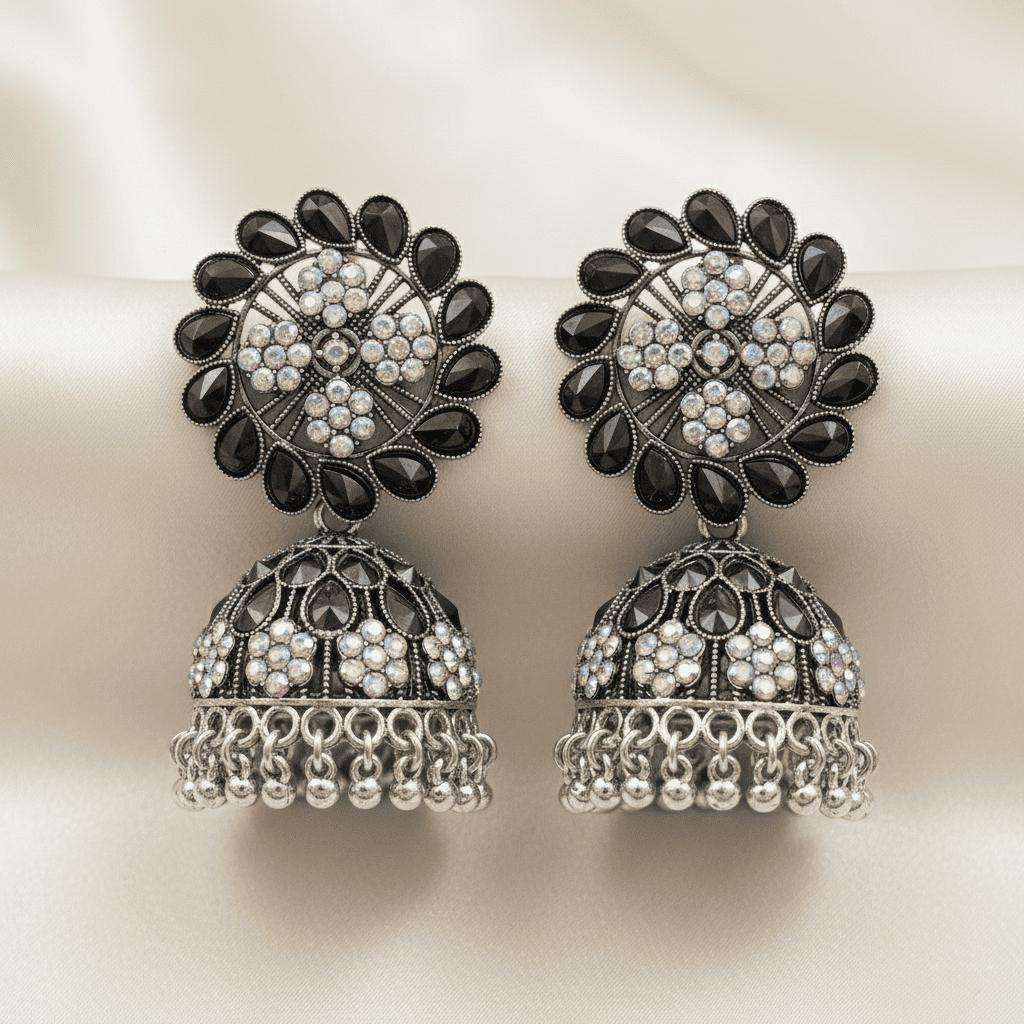 Oxidised Floral Jhumka Earrings with Clear Stones