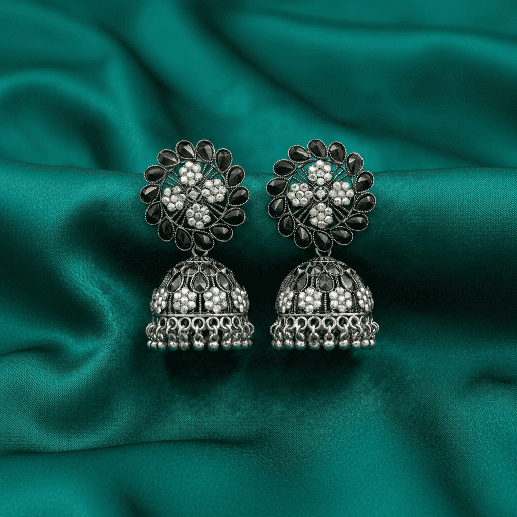 Oxidised Floral Jhumka Earrings with Clear Stones