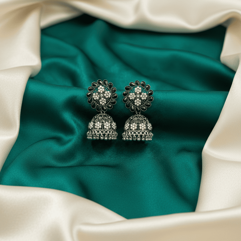 Oxidised Floral Jhumka Earrings with Clear Stones