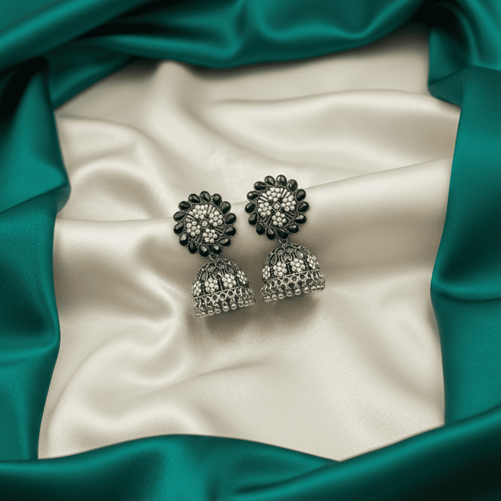 Oxidised Floral Jhumka Earrings with Clear Stones