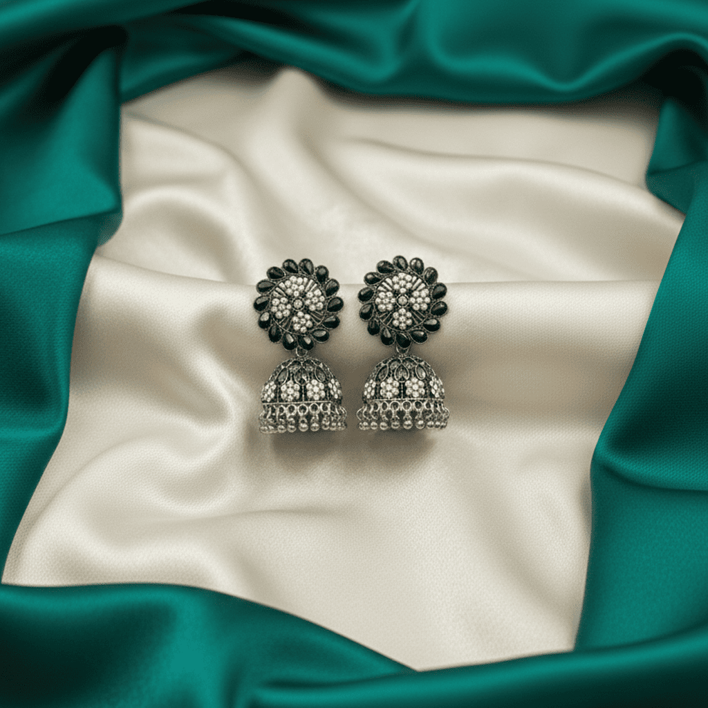 Oxidised Floral Jhumka Earrings with Clear Stones