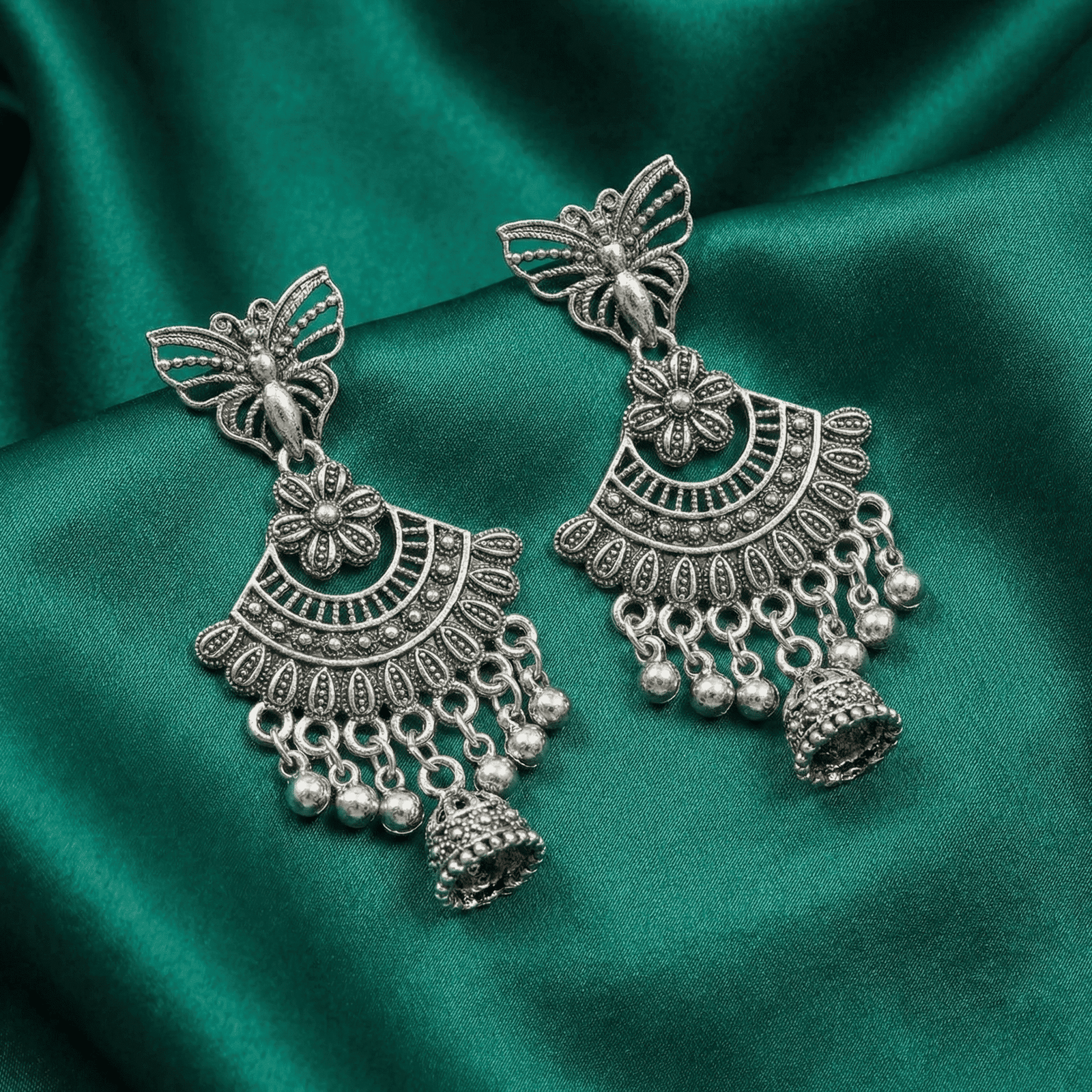 Oxidised Silver Butterfly Jhumka Earrings for Women