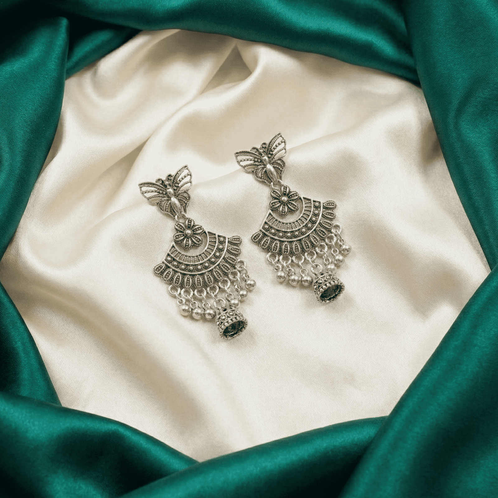 Oxidised Silver Butterfly Jhumka Earrings for Women