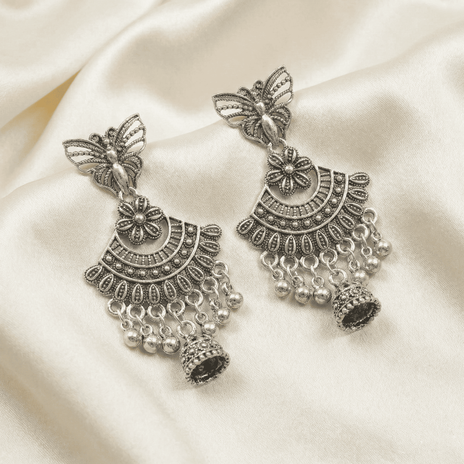 Oxidised Silver Butterfly Jhumka Earrings for Women