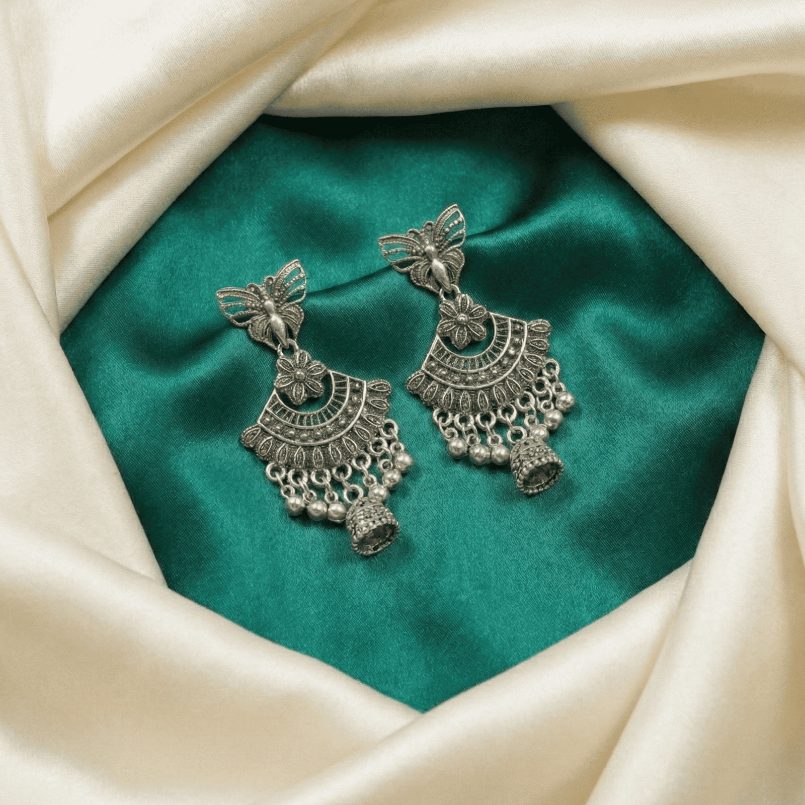 Oxidised Silver Butterfly Jhumka Earrings for Women