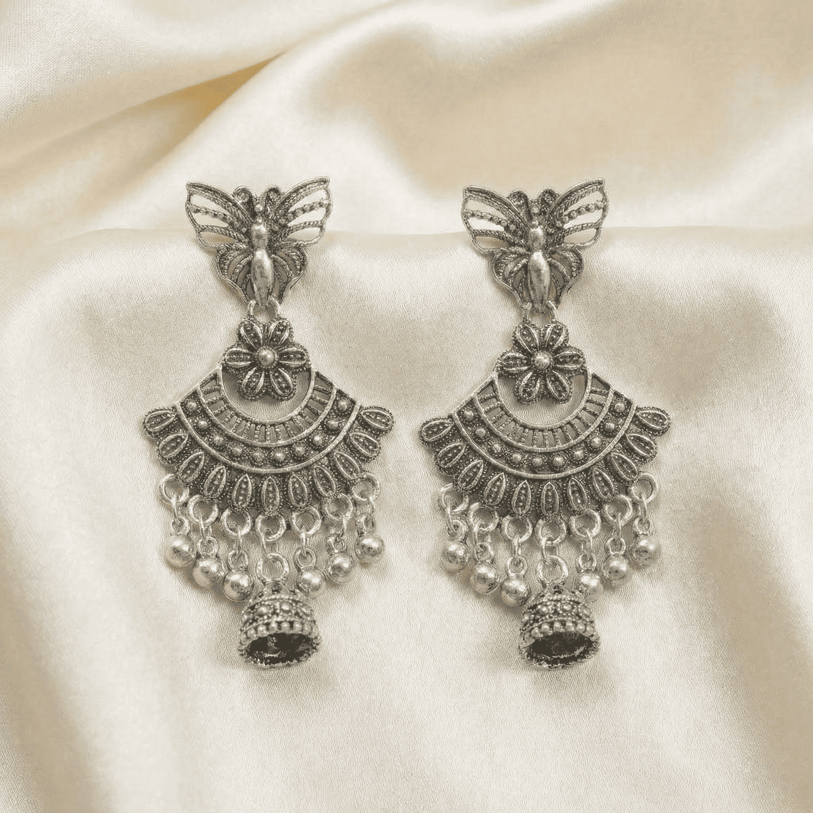 Oxidised Silver Butterfly Jhumka Earrings for Women