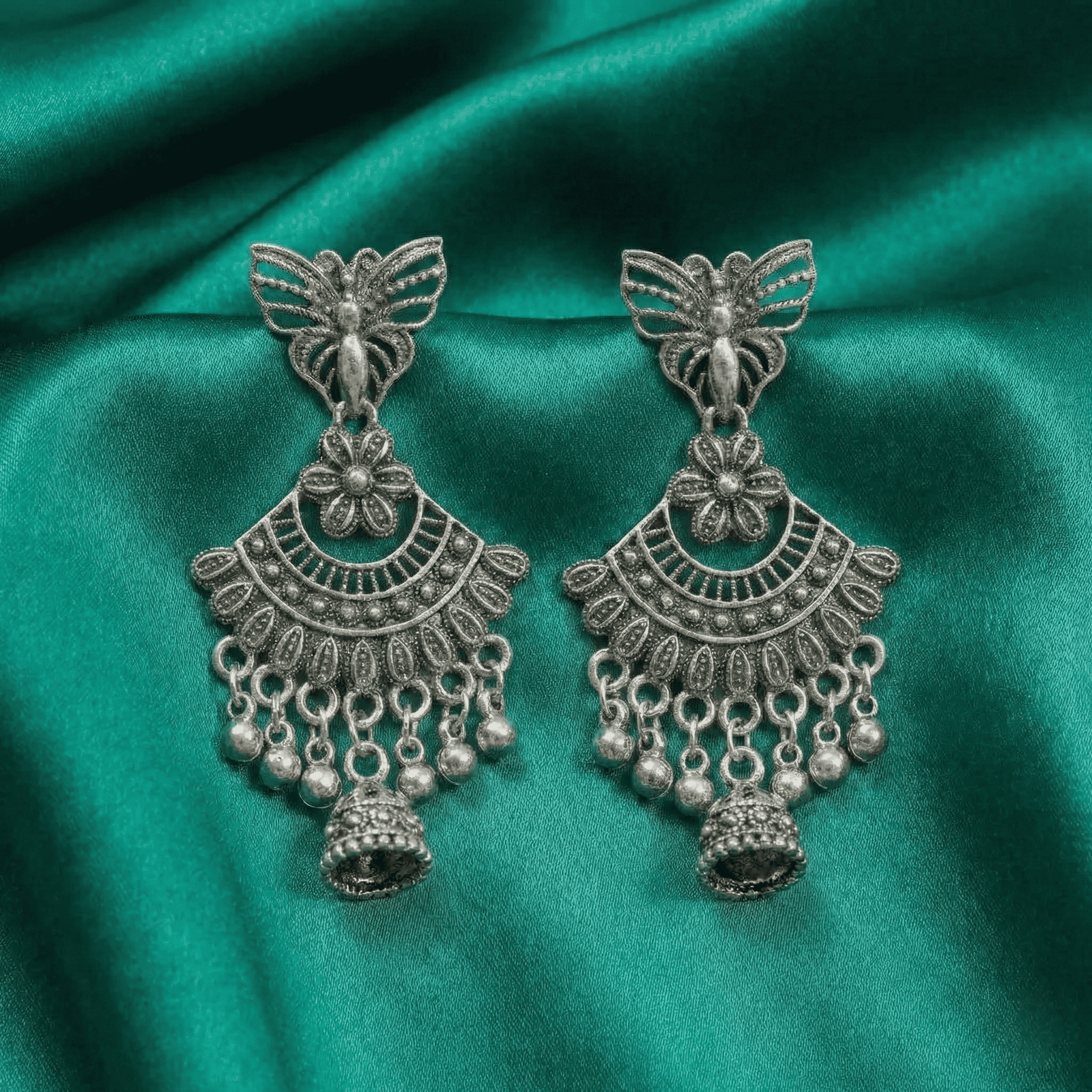 Oxidised Silver Butterfly Jhumka Earrings for Women