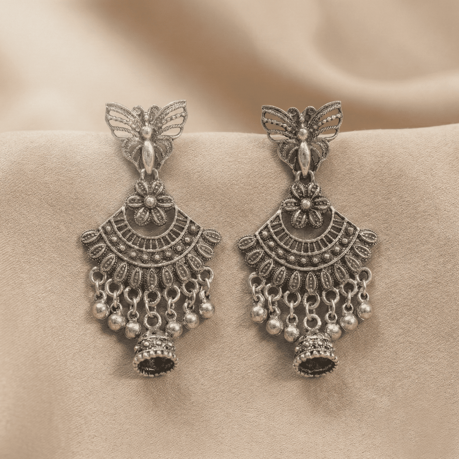 Oxidised Silver Butterfly Jhumka Earrings for Women