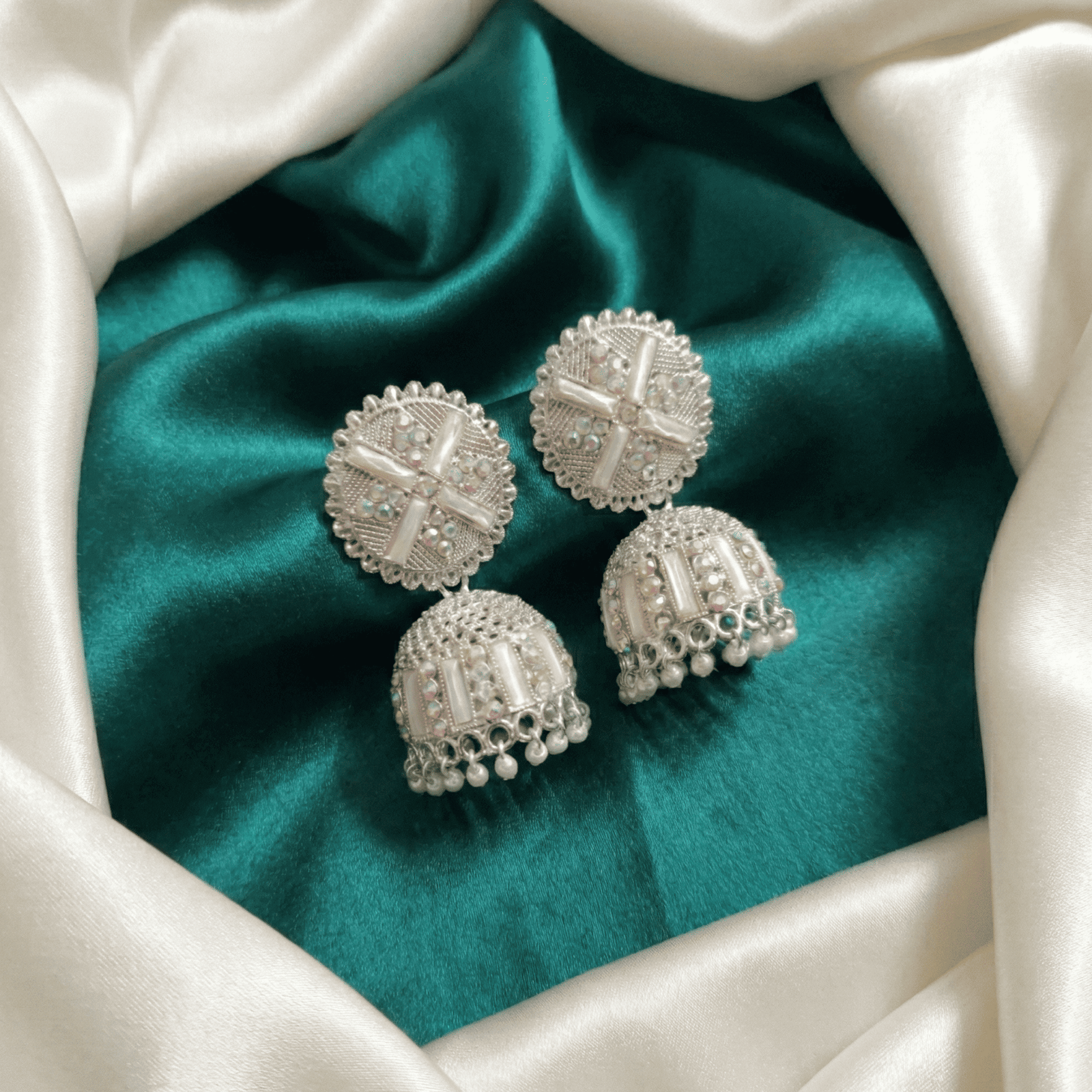 Oxidised Silver Mirror-Style Jhumka Earrings– A Reflective Statement with Traditional Depth