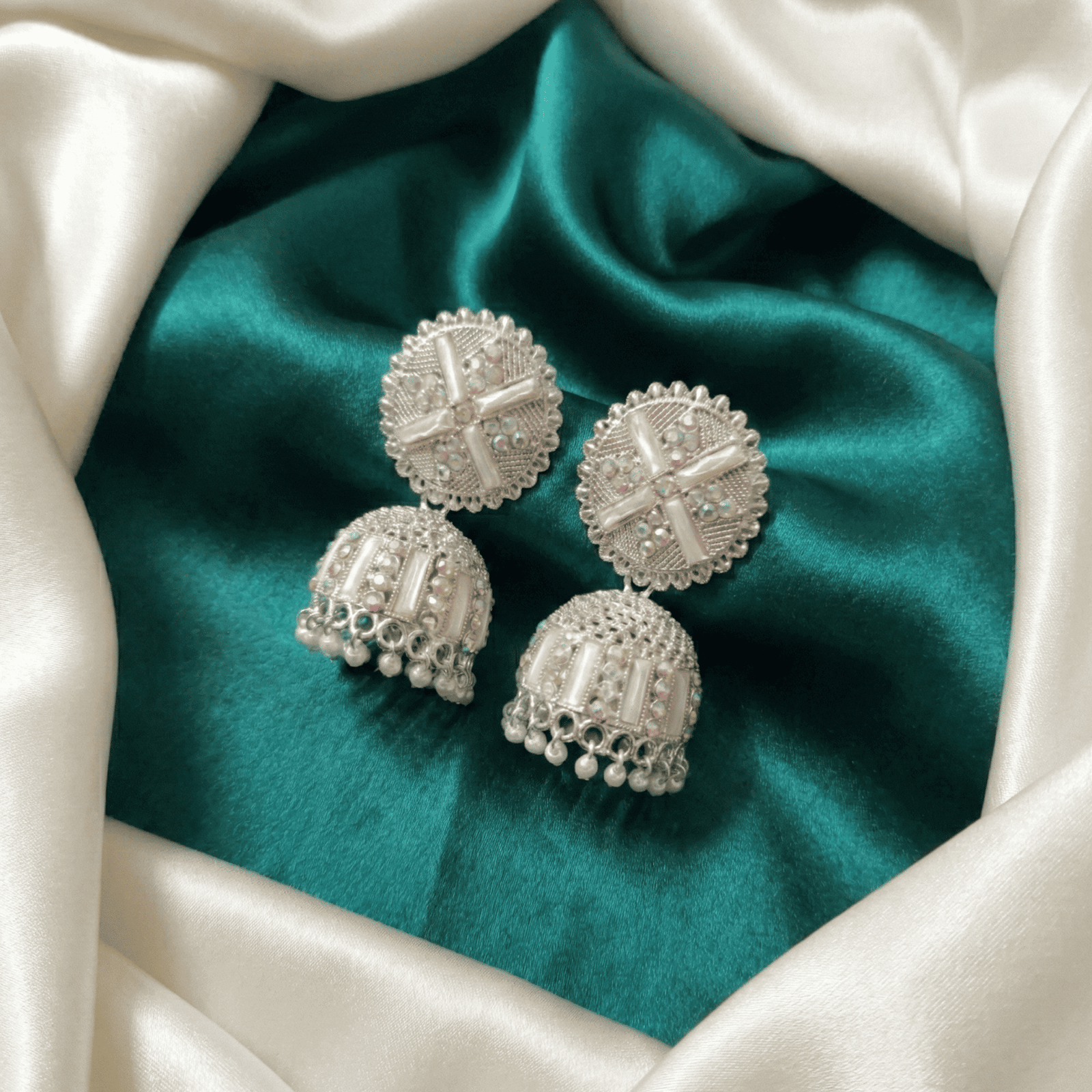 Oxidised Silver Mirror-Style Jhumka Earrings– A Reflective Statement with Traditional Depth