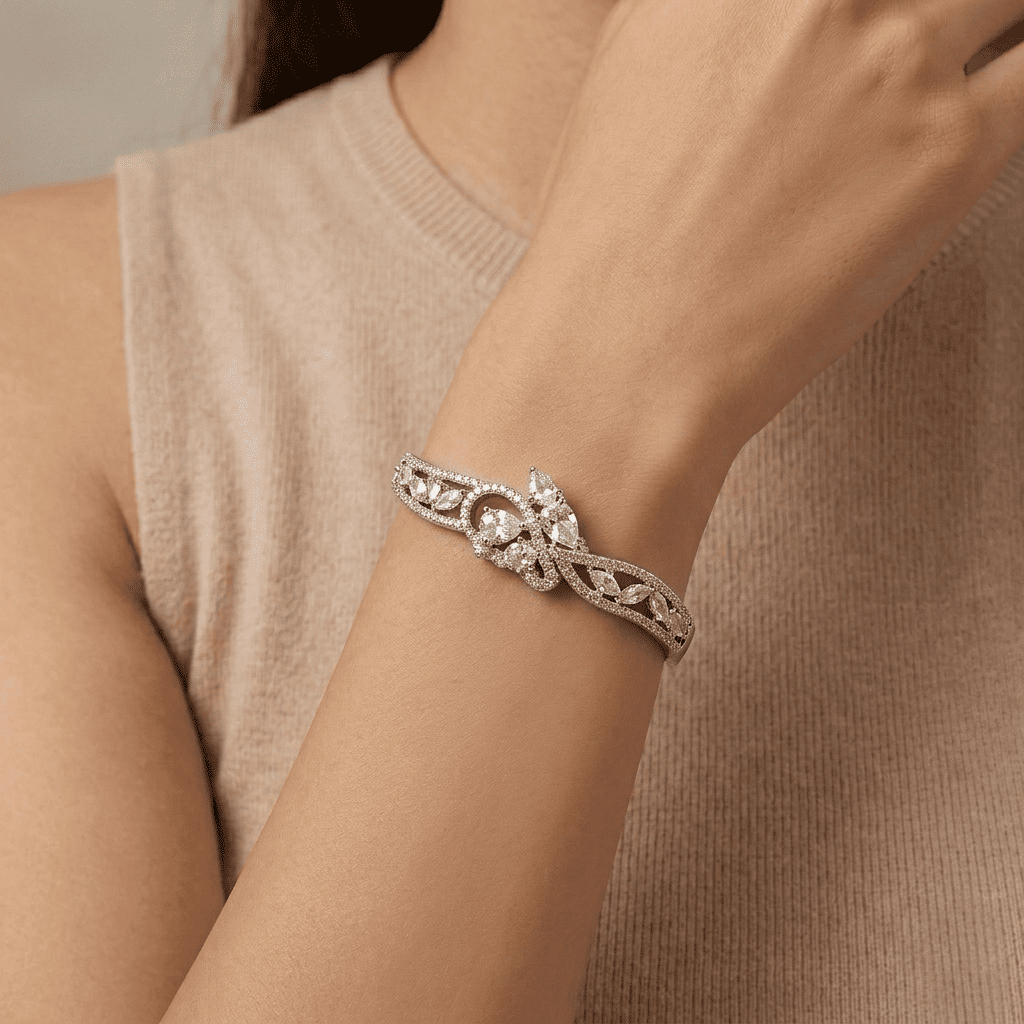 Silver Tone Sparkling Crystal Statement Bracelet for Women