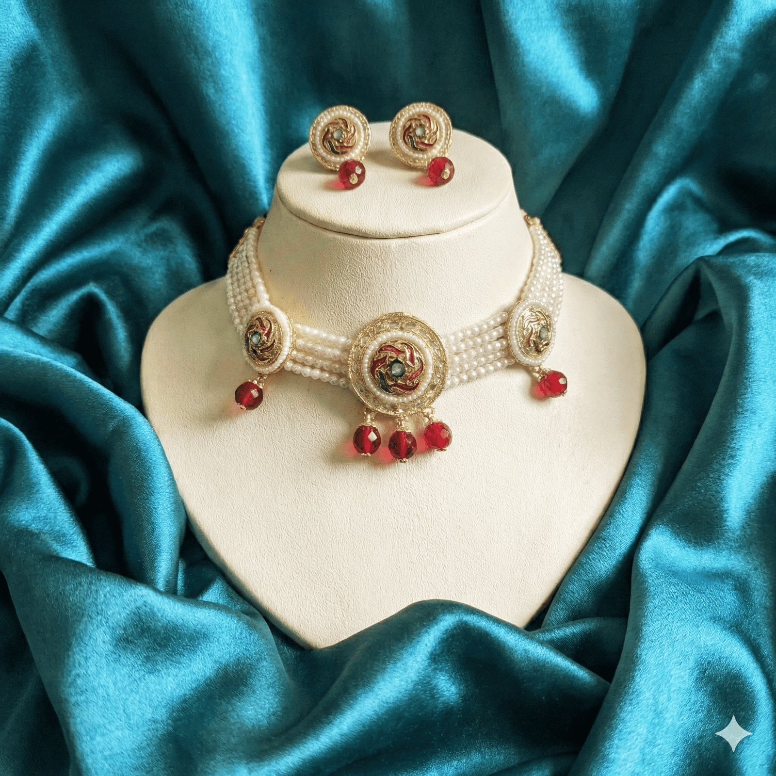 Eshanarya Traditional Pearl Choker Necklace Set with Earrings