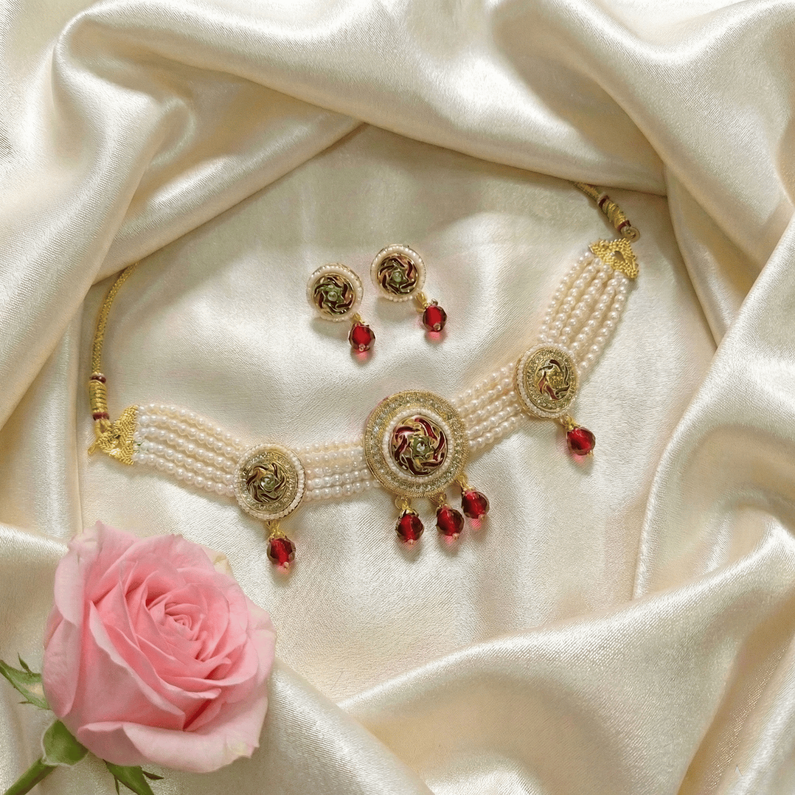 Eshanarya Traditional Pearl Choker Necklace Set with Earrings