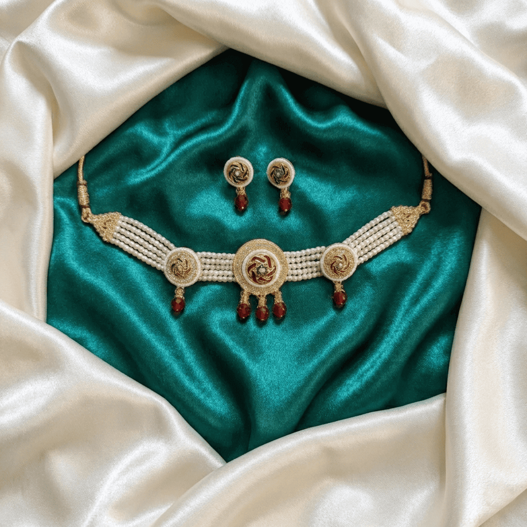 Eshanarya Traditional Pearl Choker Necklace Set with Earrings